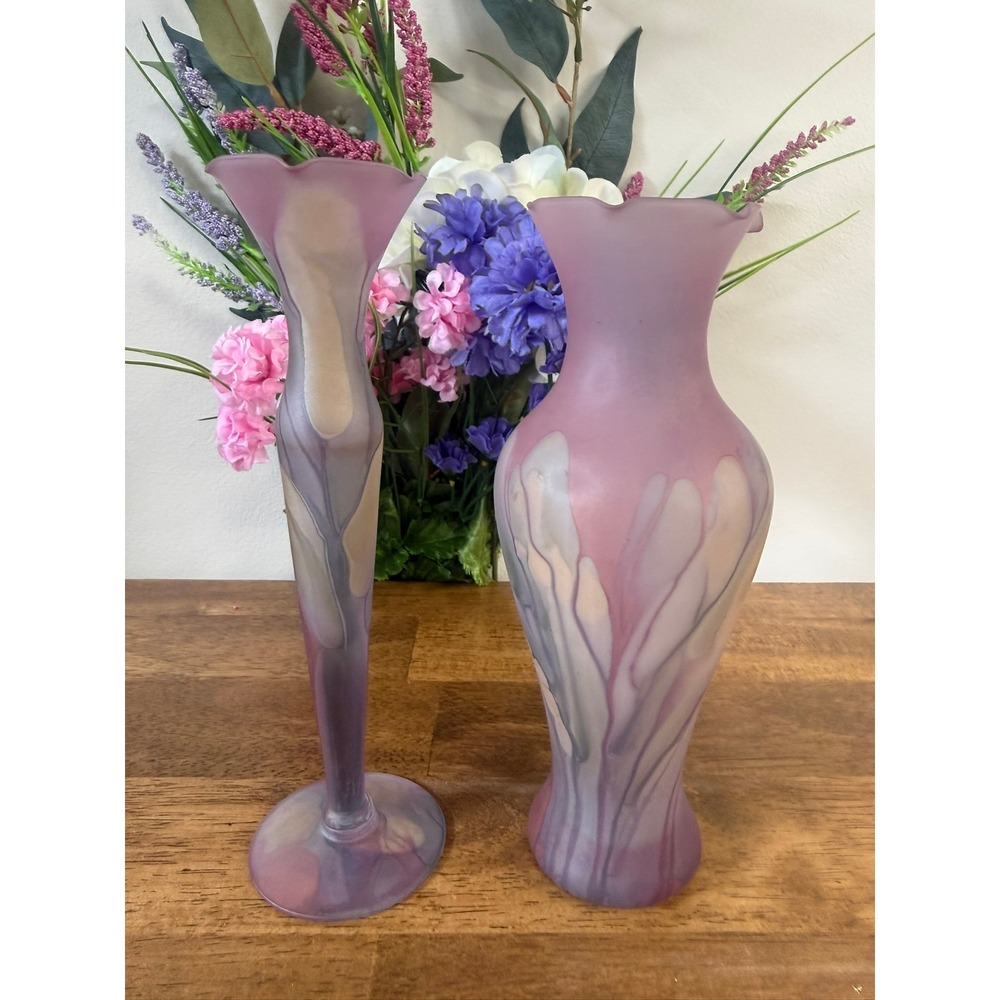 Rueven Canada Art Glass Vases‎ Pink Purple Satin Hand Painted Floral Vintage